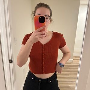 Double Zero Burnt Orange/Red V-Neck Button Down Short Sleeve Shirt